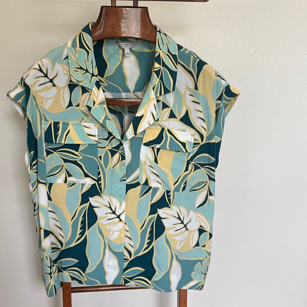Valerie Green and Yellow Leaf Print Button Down Shirt
